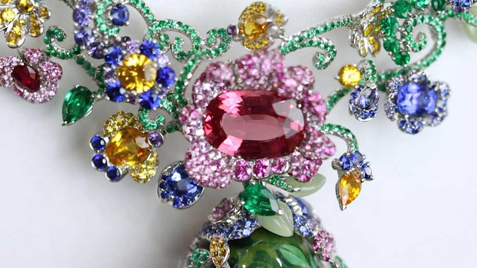A closer look at the selection of beautiful brightly coloured gemstones that feature in the breathtaking Fabergé necklace.