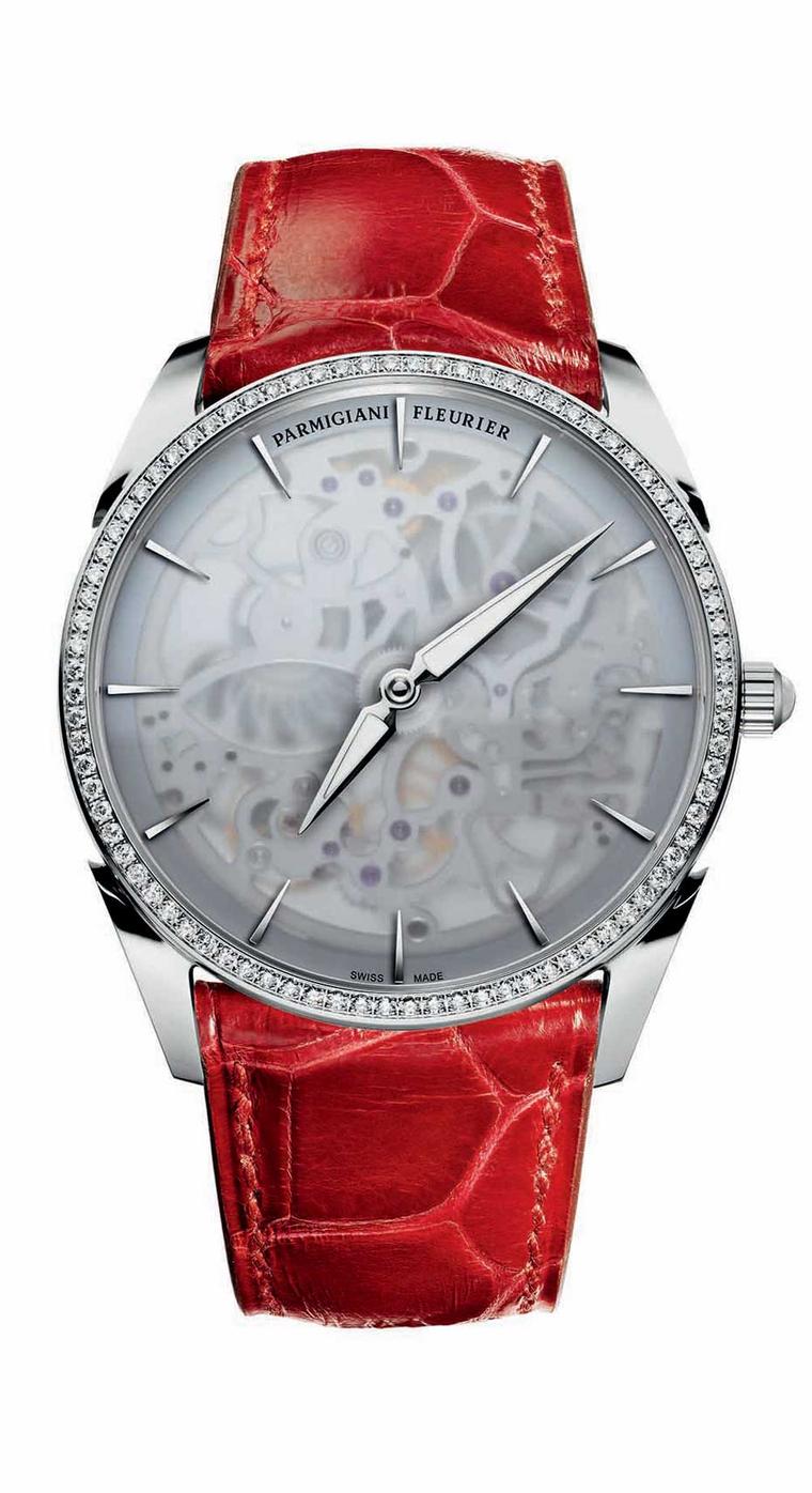 Parmigiani Tonda 1950 Squelette ladies' watch veils the anatomy of its complex skeletonised movement with a frosted sapphire crystal.