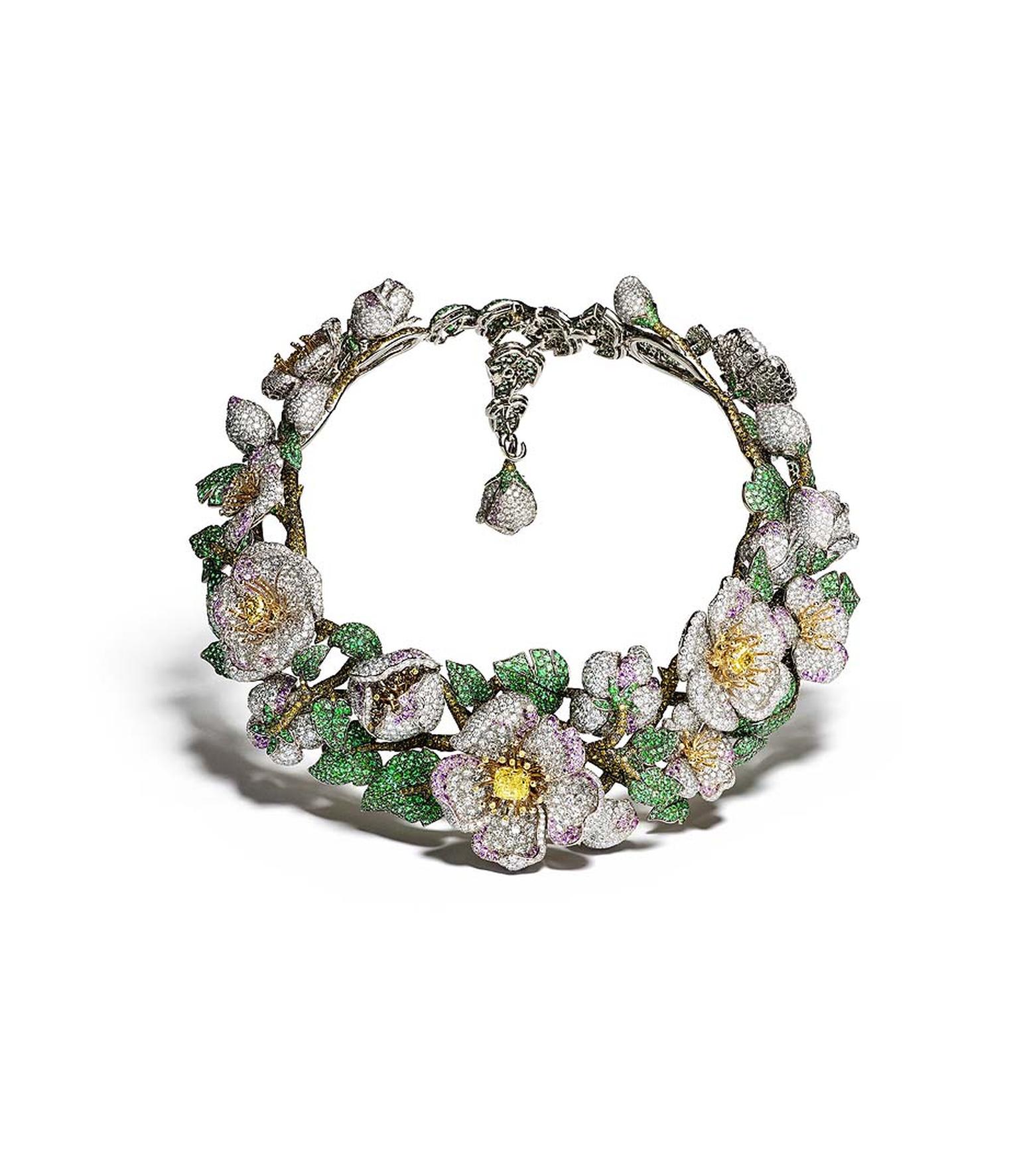 Giampiero Bodino Simonetta necklace from the Primavera collection set with yellow, white and cognac diamonds, pink sapphires and emeralds in white and yellow gold.
