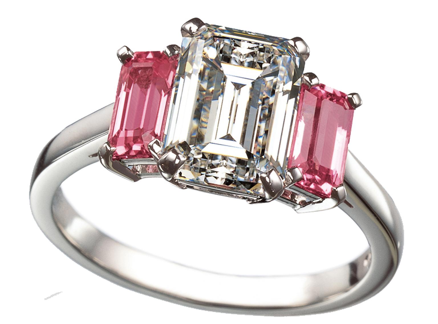 Ritz Fine Jewellery emerald-cut three stone engagement ring featuring one white diamond and two pink diamonds.