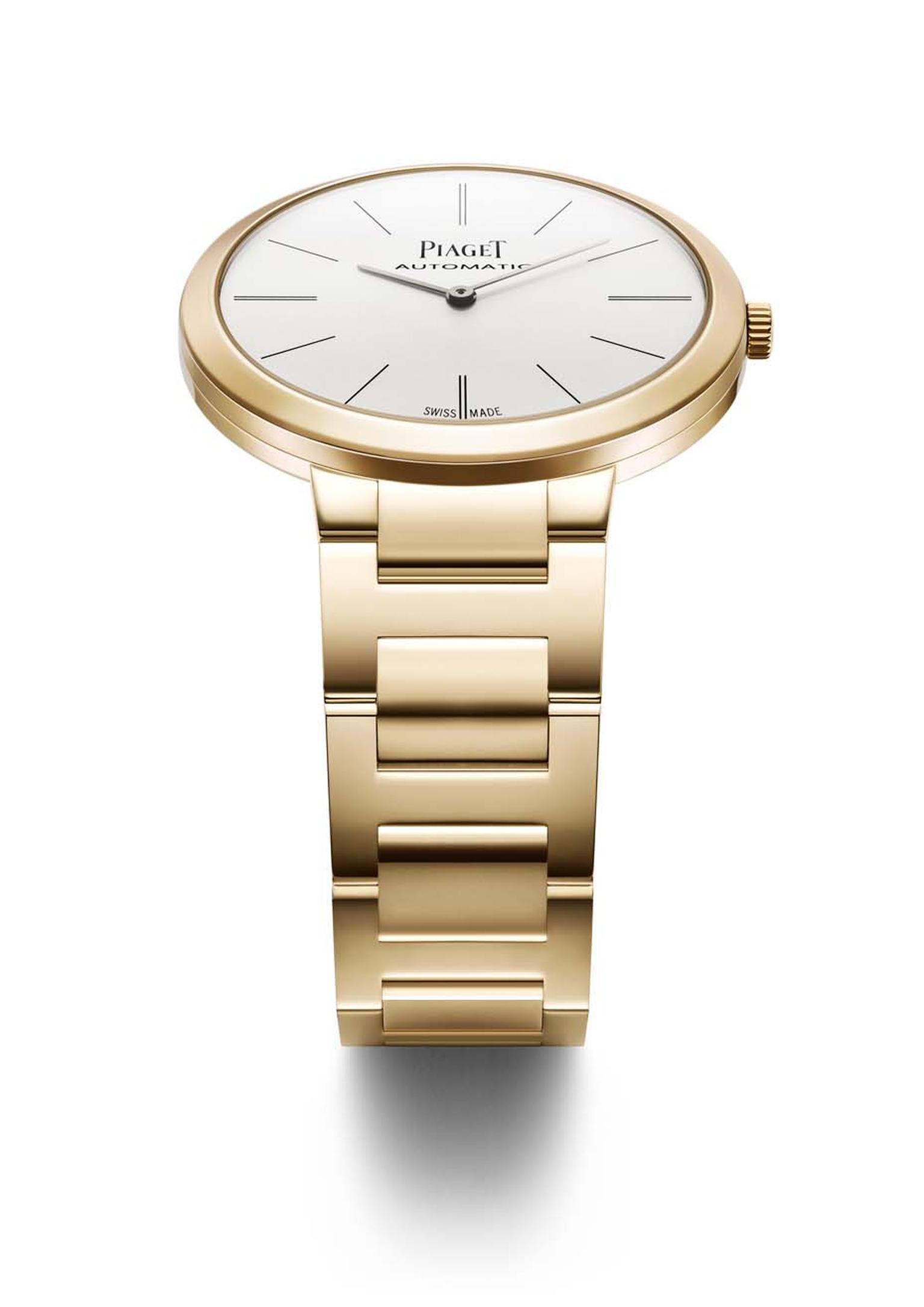 Piaget watches have always been admired for their ultra-thin movements and lean profiles, making them ideal dress watches. The new Altiplano collection with gold bracelet is no exception, including this 38mm rose gold model for men.