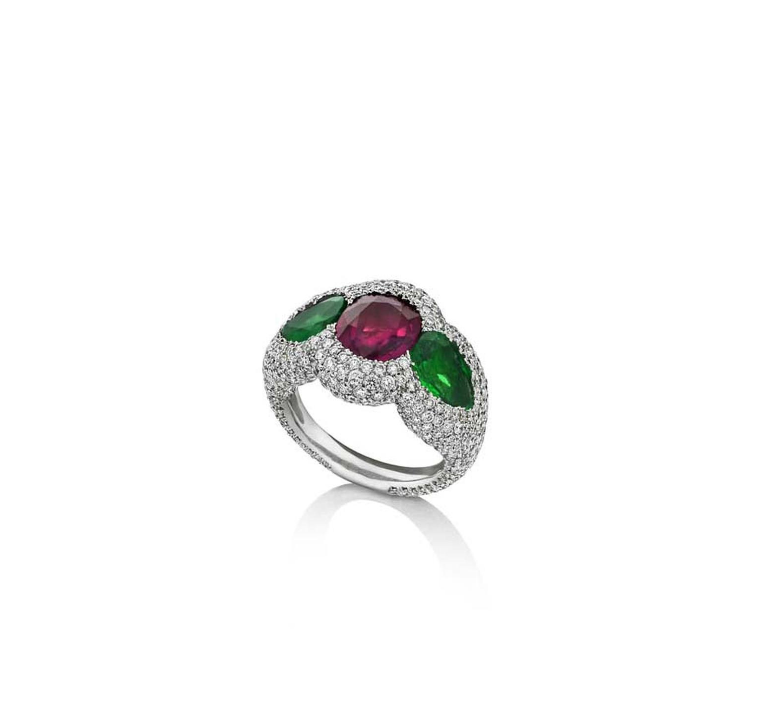 One-of-a-kind Niquesa Rose of the Desert ring set with a central Gemfields African ruby and Gemfields emeralds, encased in diamonds.