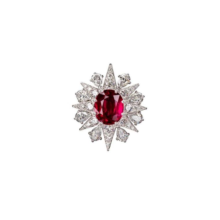 Constel ruby ring from Star Diamond Private Jeweller. The vivid red Mozambique ruby is set within a sunburst of pear- and round-cut white diamonds.