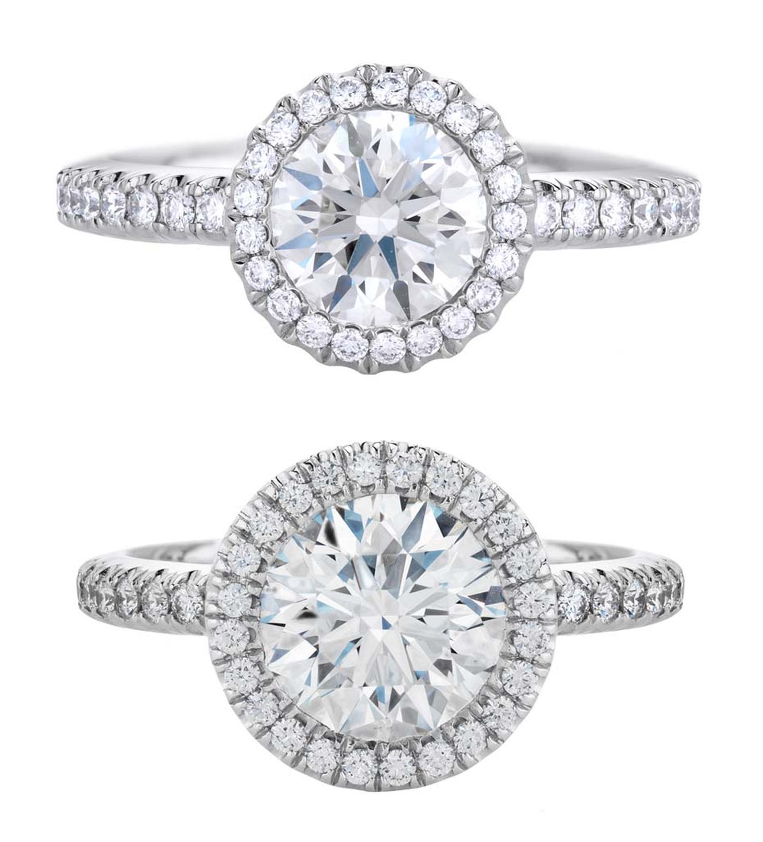 De Beers Aura 1 carat diamond engagement ring and 2 carat diamond engagement ring