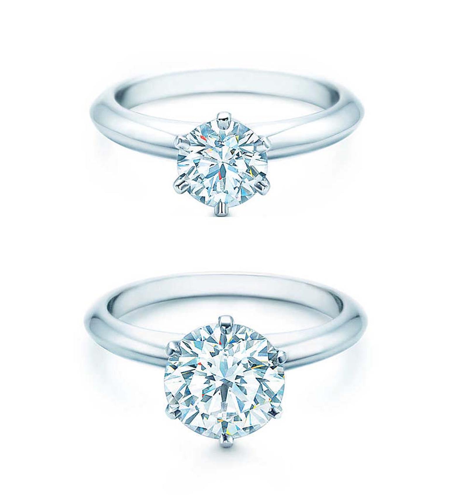 The Tiffany Setting diamond engagement ring shows the difference between a 1 carat diamond and 2 carat diamond