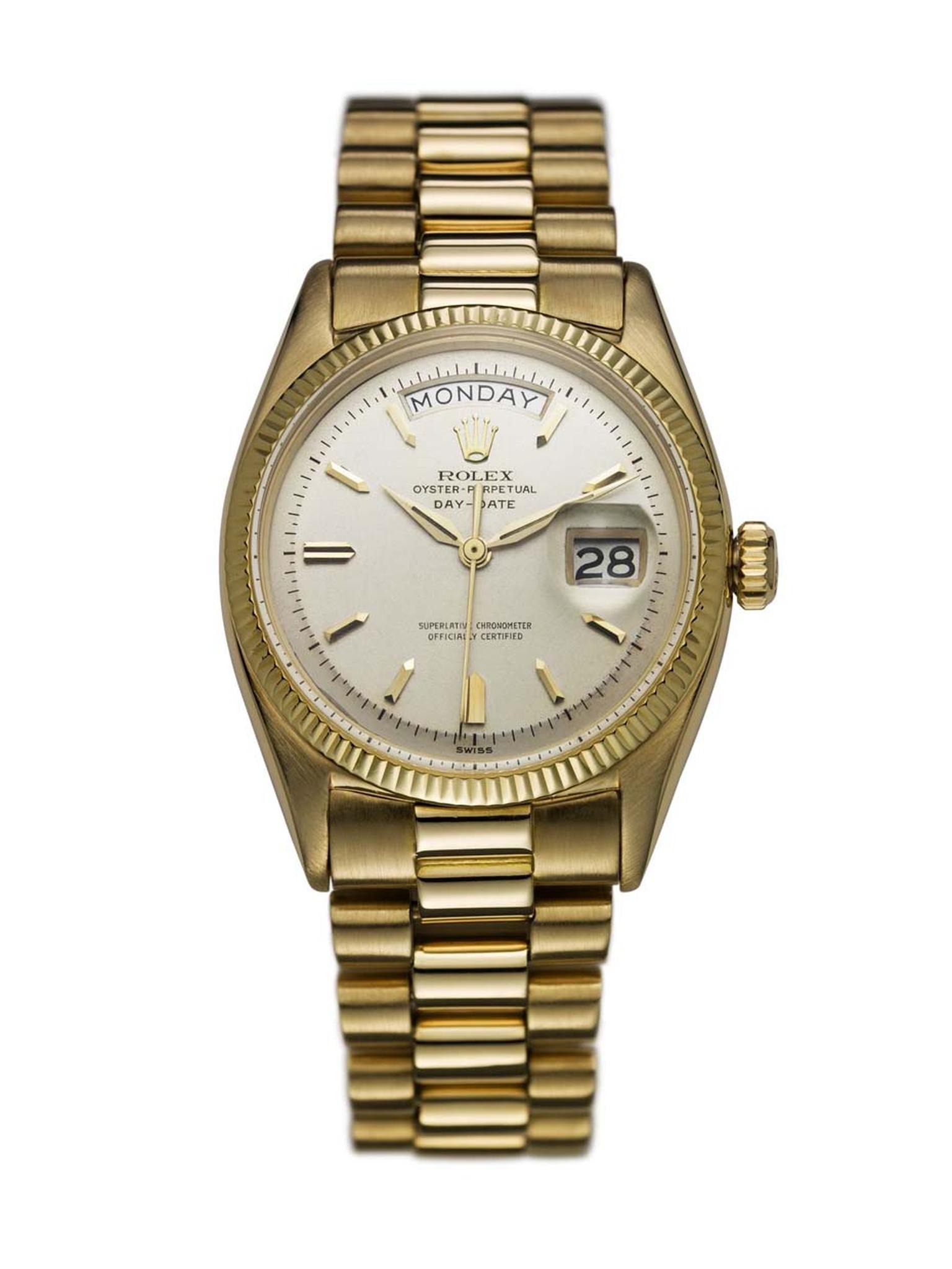 The Rolex Day-Date watch from 1956 was the first watch to display the date and the day of the week spelt out in full in a window at the top of the dial.