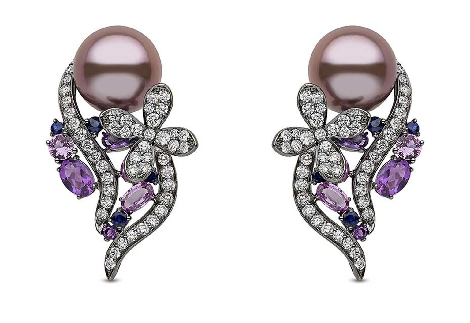 Yoko London pearl earrings in black gold with 12-13mm natural colour pink freshwater pearls, diamonds and multi-coloured sapphires.
