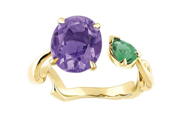 Amethyst and emerald Dior ring from the Diorama Precieuse collection with an on-trend open-ended design.
