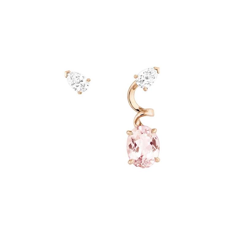 Asymmetric Dior earrings in rose gold with pink morganite and diamonds from the new Diorama Precieuse collection.