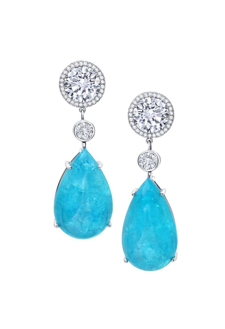 Martin Katz pear-shape Paraiba tourmaline earrings in platinum with diamonds, which are detachable from the necklace.