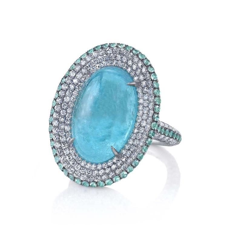 Cabochon Paraiba tourmaline cocktail ring in white gold with diamonds from Martin Katz's new Paraiba collection.