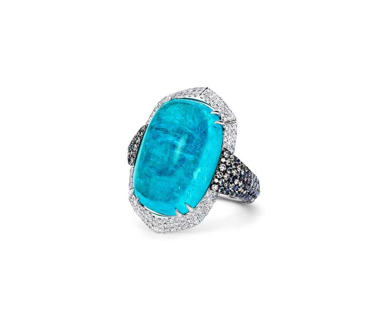 Martin Katz's new Paraiba collection, including this one-of-a-kind Paraiba tourmaline cocktail ring, will be available exclusively at his Beverly Hills salon and at Bergdorf Goodman in New York this spring.