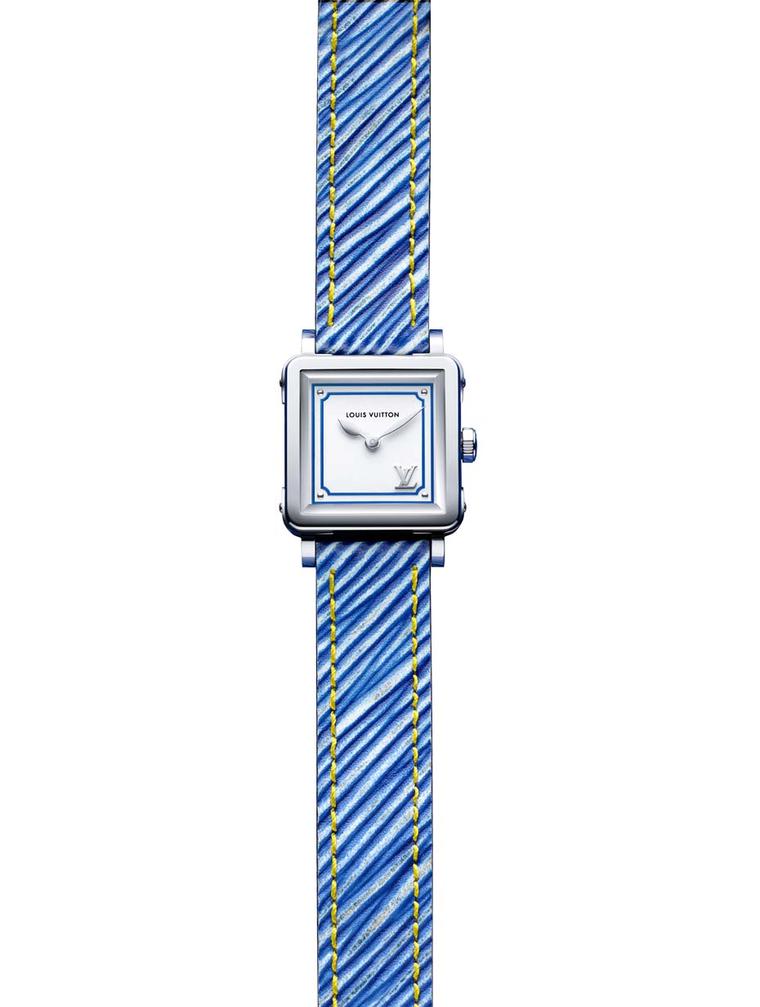 Flashes of colour frame the dial of the new Louis Vuitton Emprise Epi ladies' watch. In this denim blue version, the steel case and silver opaline dial are complemented by an Epi leather strap with yellow overstitching.