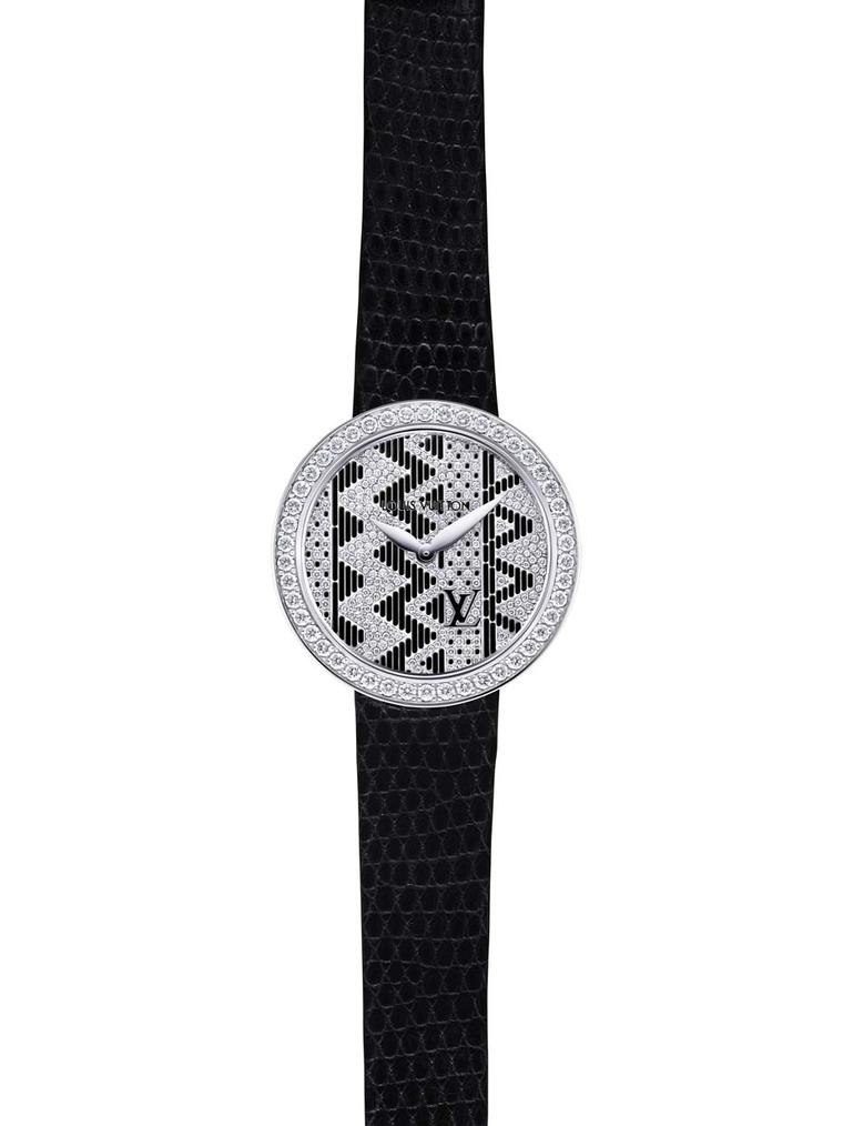 The new Louis Vuitton Chevron jewellery watch continues the Aztec theme seen in Nicolas Ghesquière's Summer 2015 collection. This black lacquer version has a rhodium-plated white gold case, bezel set with 46 diamonds, and a black lizard strap.