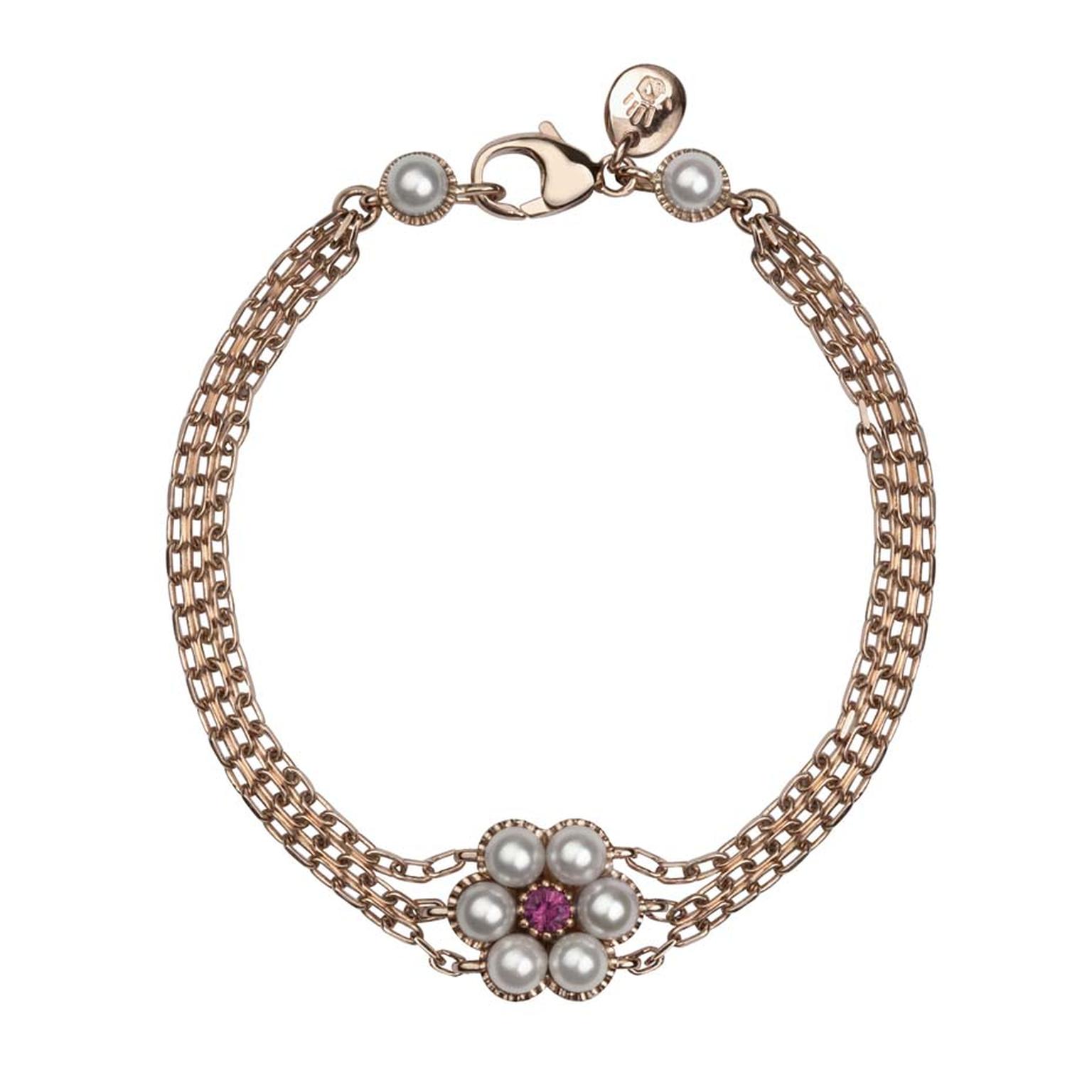 Rose gold, Akoya pearl and ruby bracelet from Stephen Einhorn's new Posey collection, inspired by the ring worn by Cate Blanchett in Disney's remake of Cinderella (£1,427).
