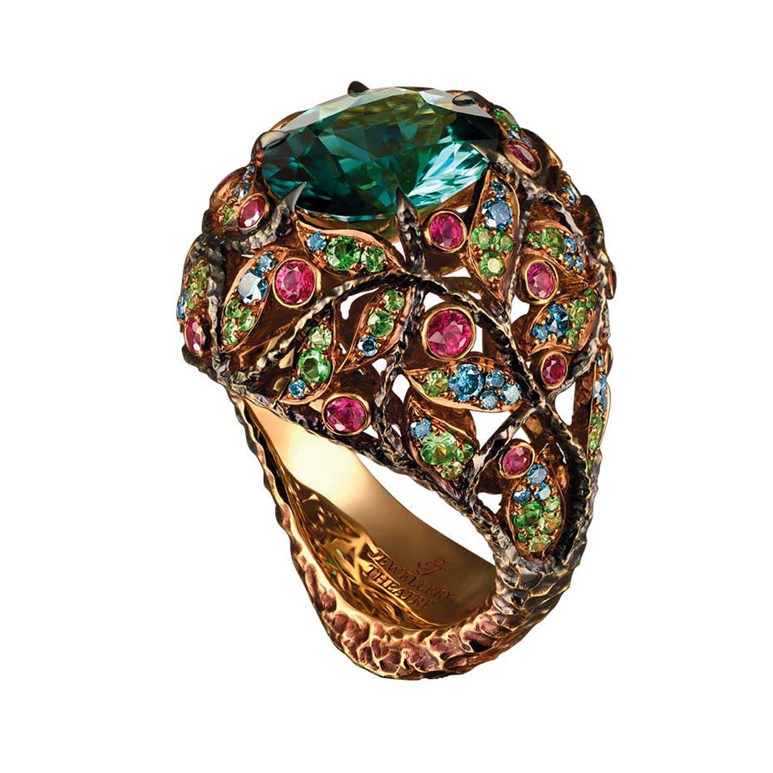 Jewellery Theatre ring in yellow gold from the new Rainforest high jewellery collection, set with a central tourmaline, coloured diamonds, rubies and tsavorites.