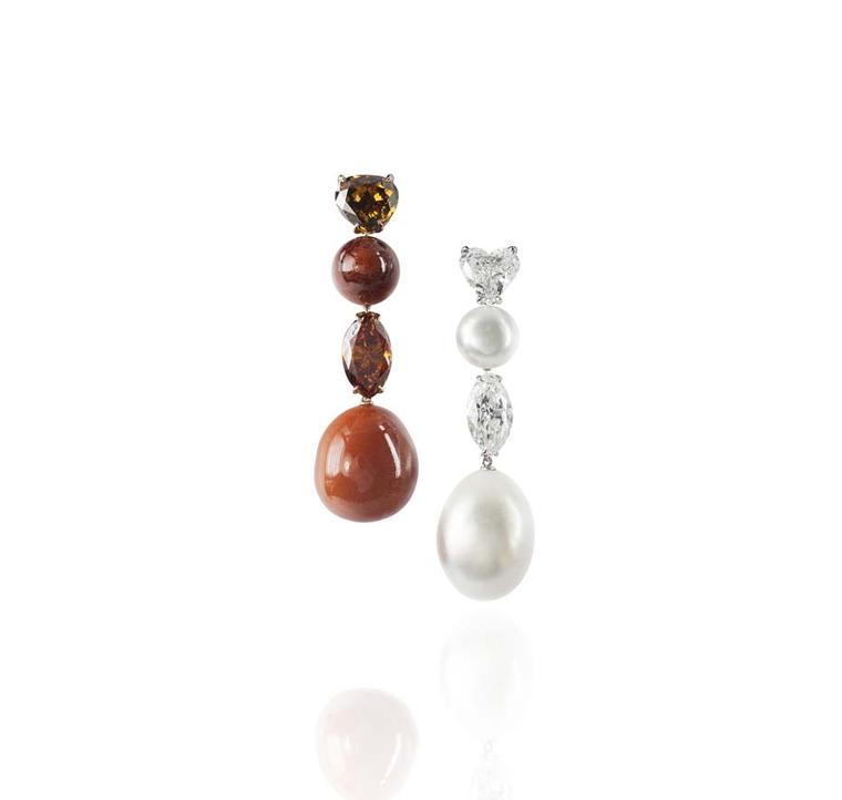 Bogh-Art natural saltwater orange horse conch pearl and natural saltwater pearl and diamond earrings.