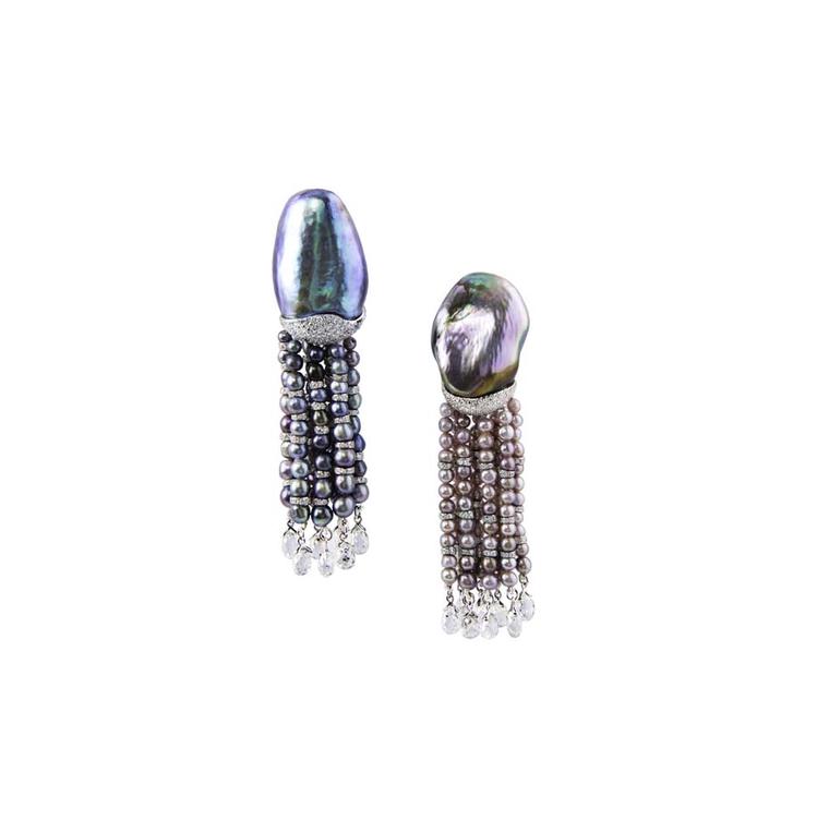 Bogh-Art earrings set with two extremely rare natural abalone pearls, with saltwater pearl and diamond tassels.