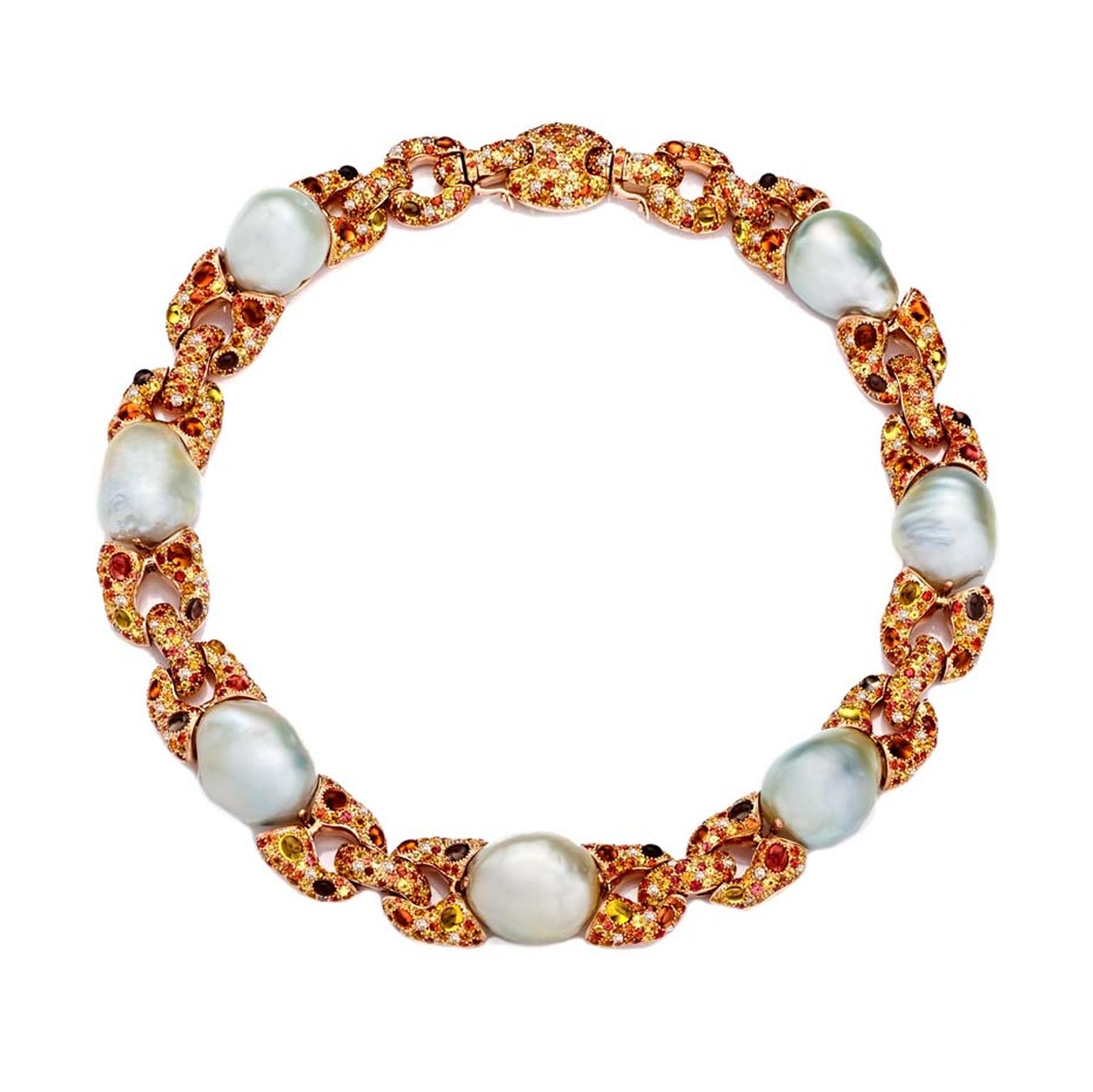Margot McKinney necklace set with baroque Australian South Sea pearls, cabochon citrines, smoky topaz, yellow sapphires and diamonds.