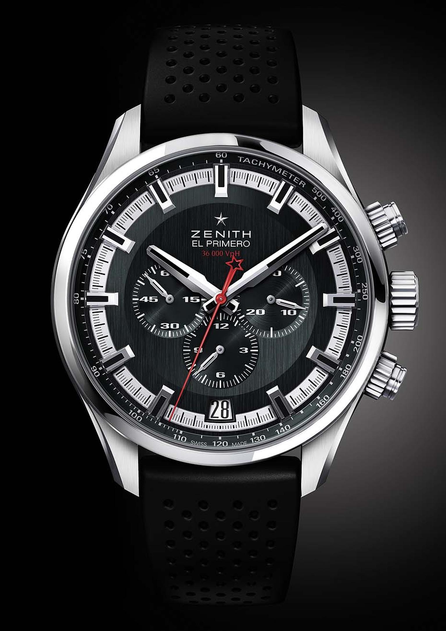 Zenith El Primero Sport men's watch with a virile slate-grey dial, broad faceted hour markers, and generous coatings of luminescence for enhanced readings. A detail Zenith watches fans will pick up on is the star emblem of the brand on the chronograph swe