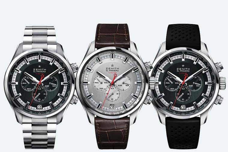 Three models of the new Zenith El Primero Sport chronograph presented at Baselworld 2015. The 45mm watches are presented on metal, leather or a rubber strap, and are water resistant to depths of 200 metres.