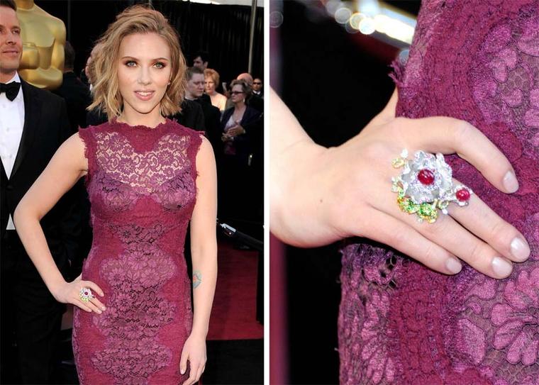Scarlett Johansson wore Anna Hu's Dragon Flower ring, featuring rubies, sapphires and diamonds set in white and yellow gold, to the 2011 Oscars ceremony.