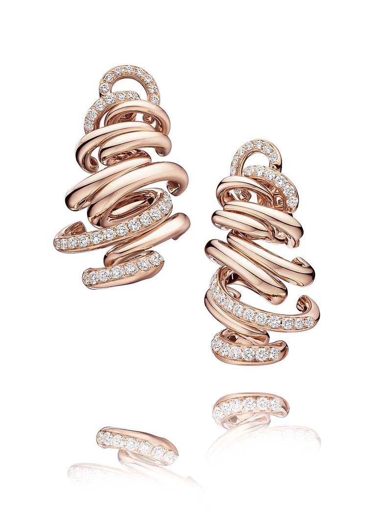 Rose gold de GRISOGONO earrings from the new Vortice fine jewellery collection, set with 78 white diamonds.