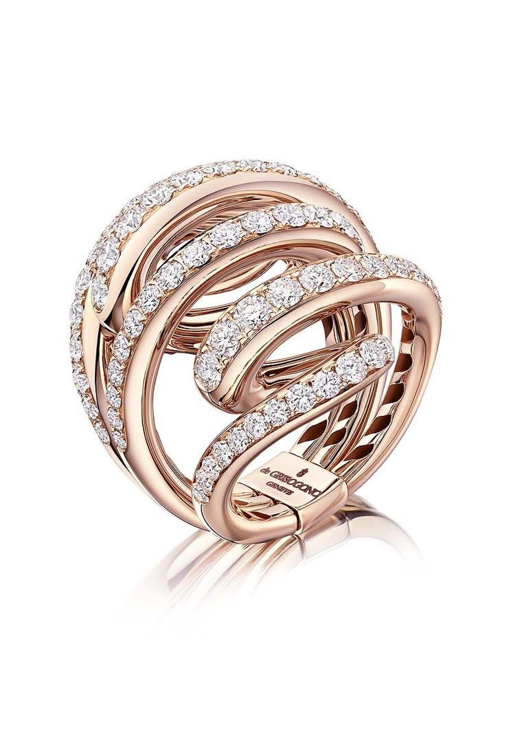 Rose gold de GRISOGONO ring from the new Vortice collection, set with 87 sparkling white diamonds.