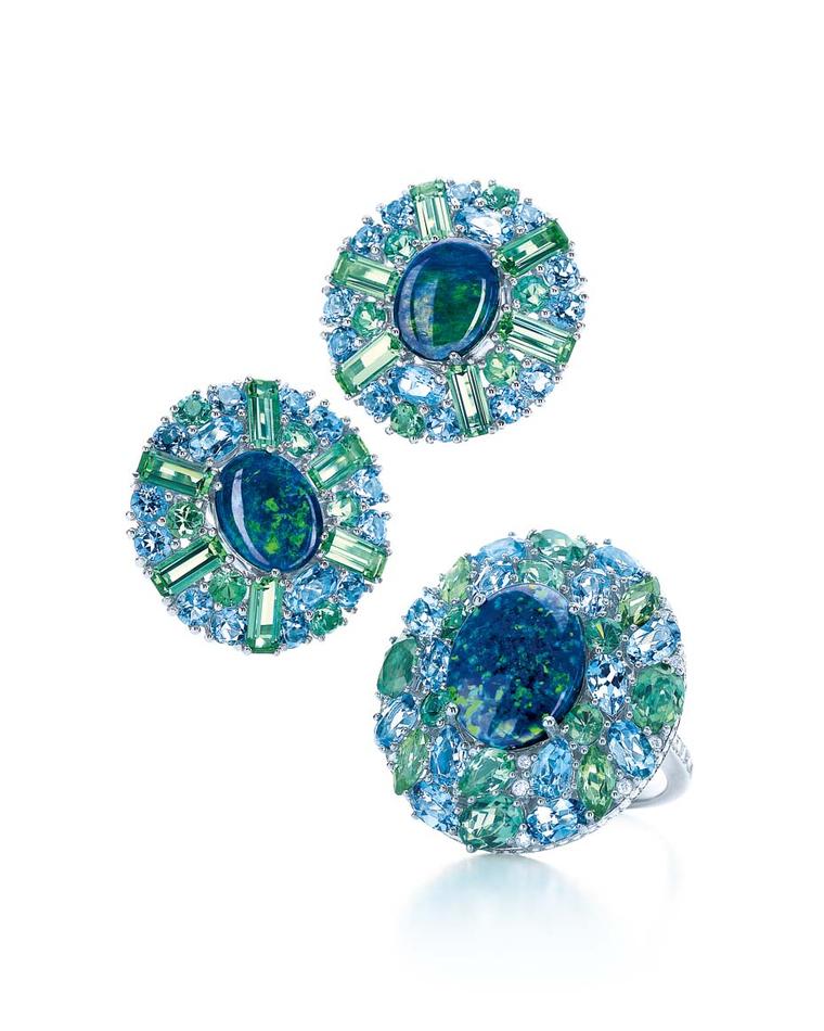 Tiffany & Co. black opal earrings and ring from the Blue Book collection with green tourmalines and aquamarines in platinum.