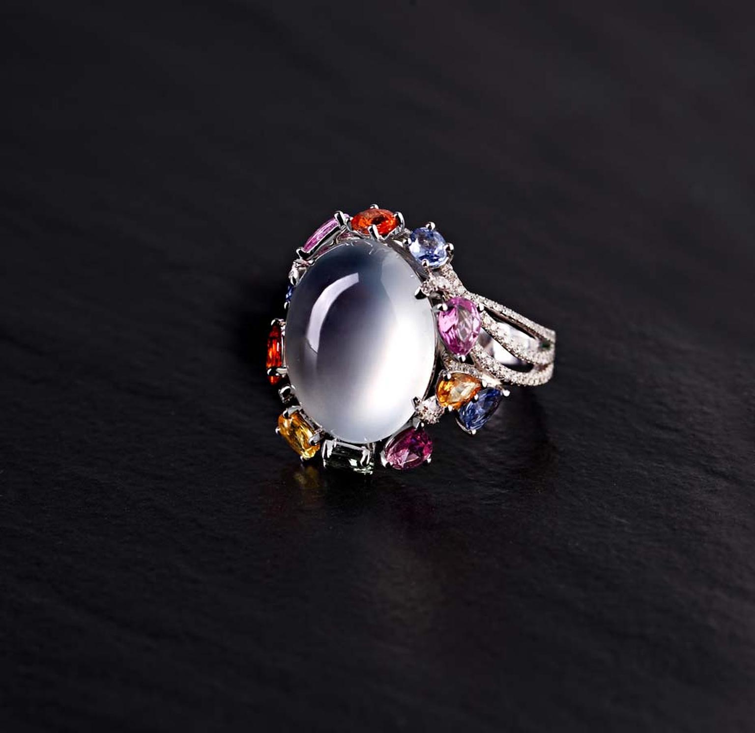 Zhaoyi is renowned for its use of colourless jade in its jewellery designs, such as this icy jadeite ring with diamonds and coloured gemstones.