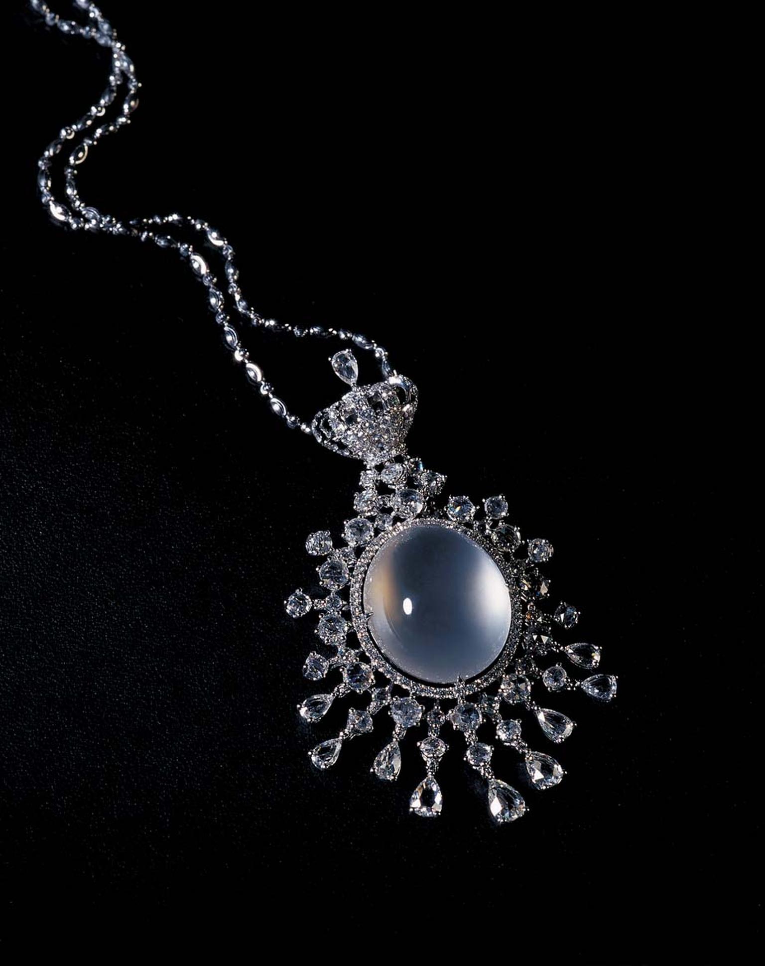 Colourless icy jadeite pendant necklace with diamonds.