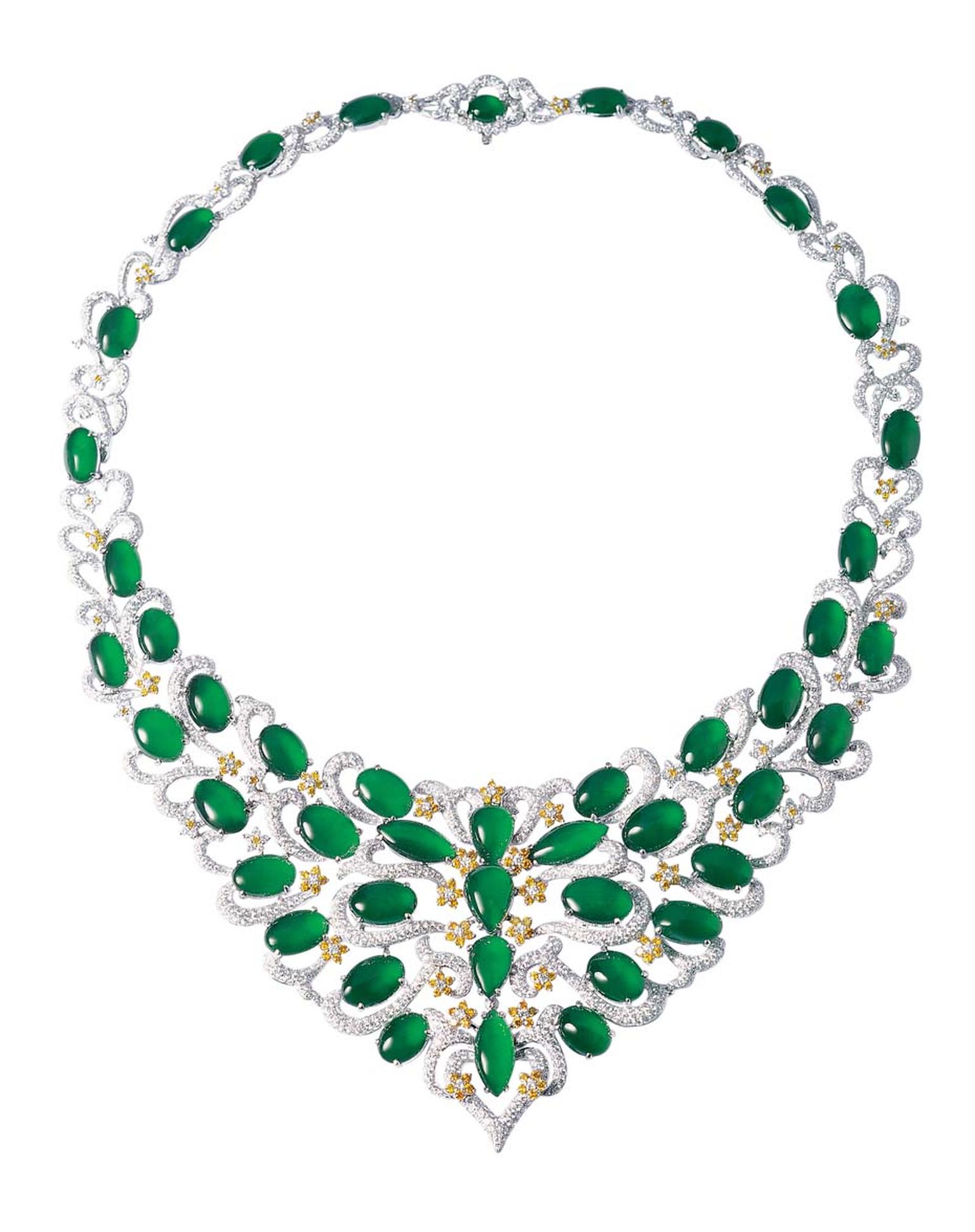 Zhaoyi bib necklace, set with precious, smooth glossy green jade cabochons and diamonds.