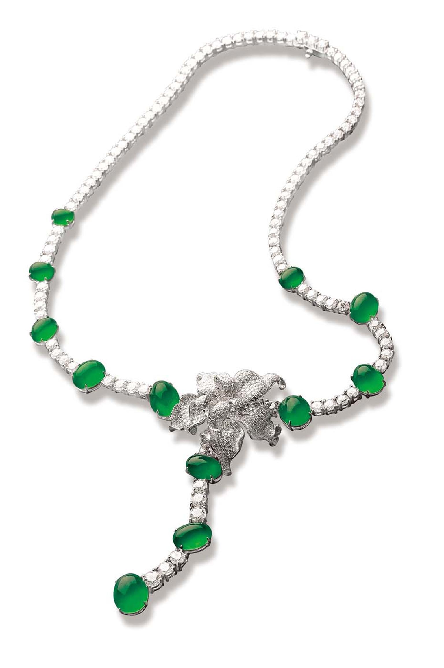 Zhaoyi Dancing Green Bird necklace set with diamonds and 12 vivid green jade cabochons.