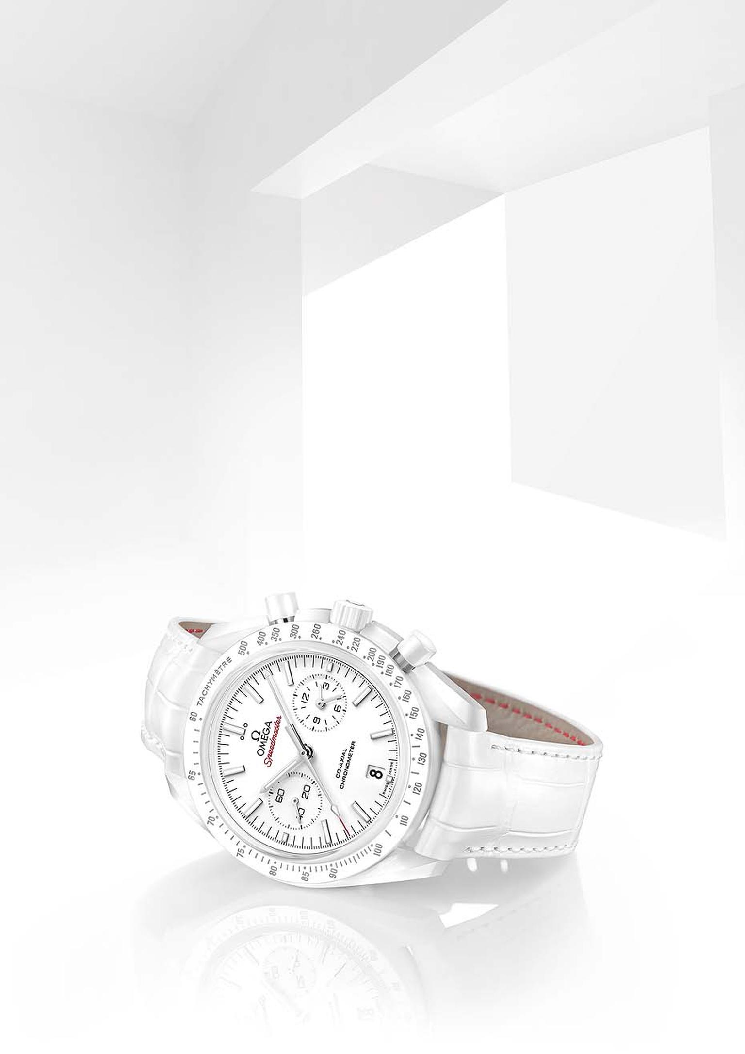 The new bright white Omega Speedmaster White Side of the Moon watch with a 44.25mm white ceramic case, presented at Baselworld 2015.