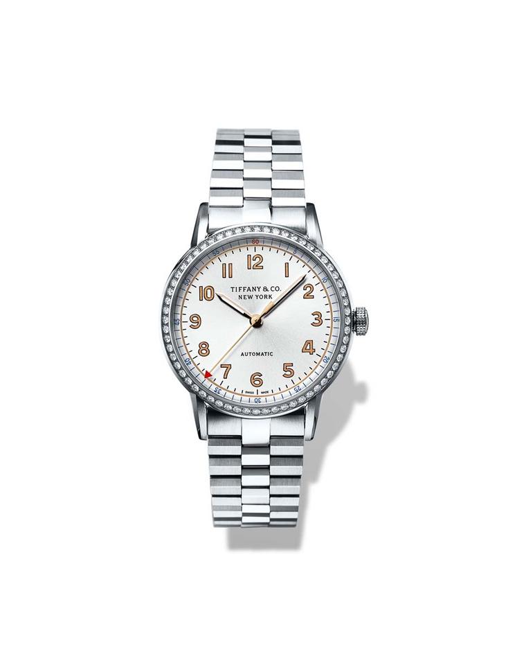 Tiffany & Co. CT60 3-Hand 34mm ladies' watch in stainless steel with a diamond-set bezel and white sunray dial.