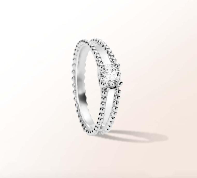 Van Cleef & Arpels jewellery Estelle diamond engagement ring with beaded platinum setting.