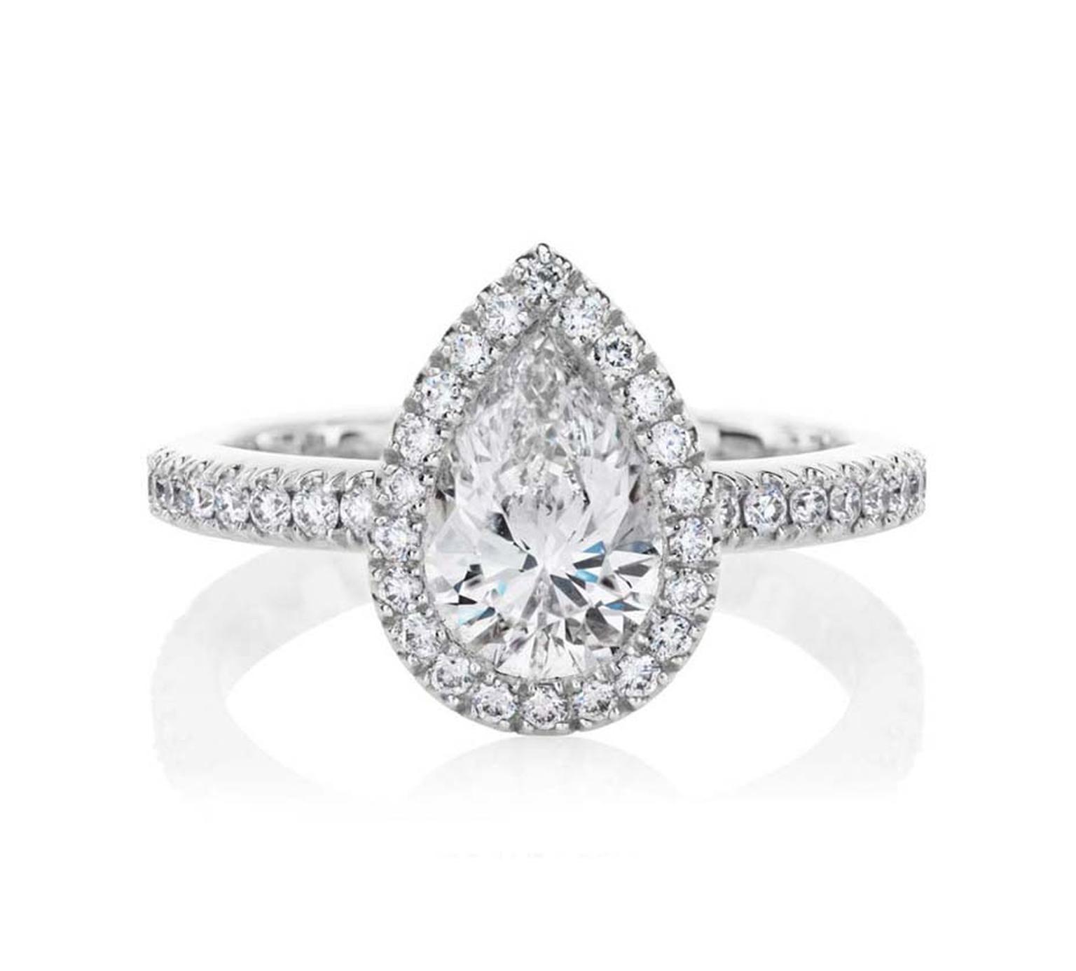De Beers Aura pear-cut diamond engagement ring.