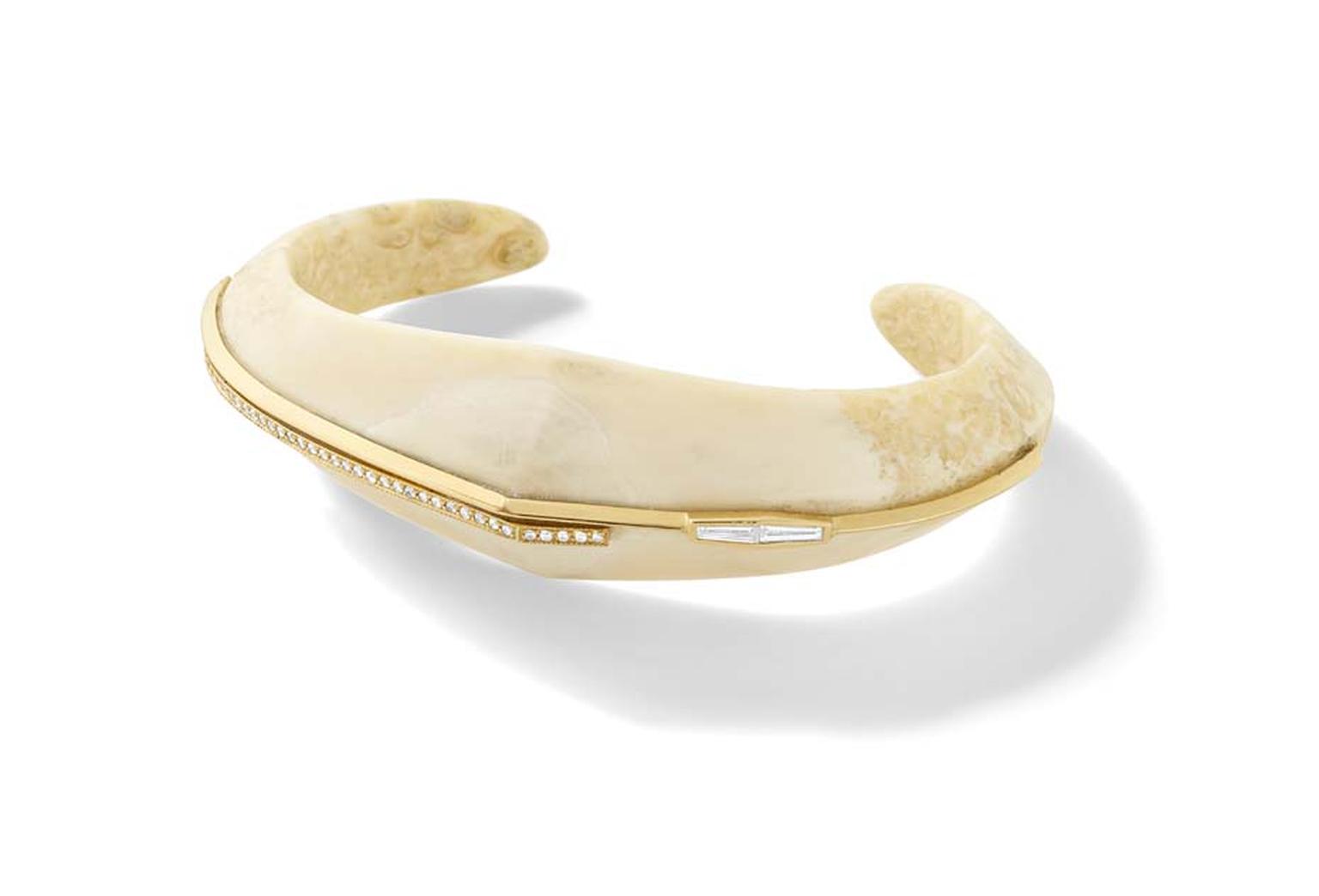 Cream fossilised walrus ivory Monique Péan cuff, with white diamond baguettes and white diamond pavé, set in recycled yellow gold.
