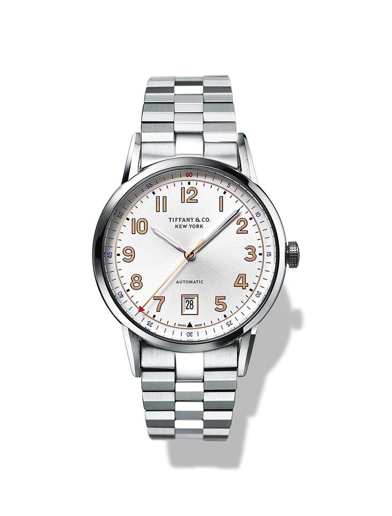 Tiffany and Co. CT60 3-Hand watch with a 40mm stainless steel case, white sunray dial and date window at 6 o'clock.