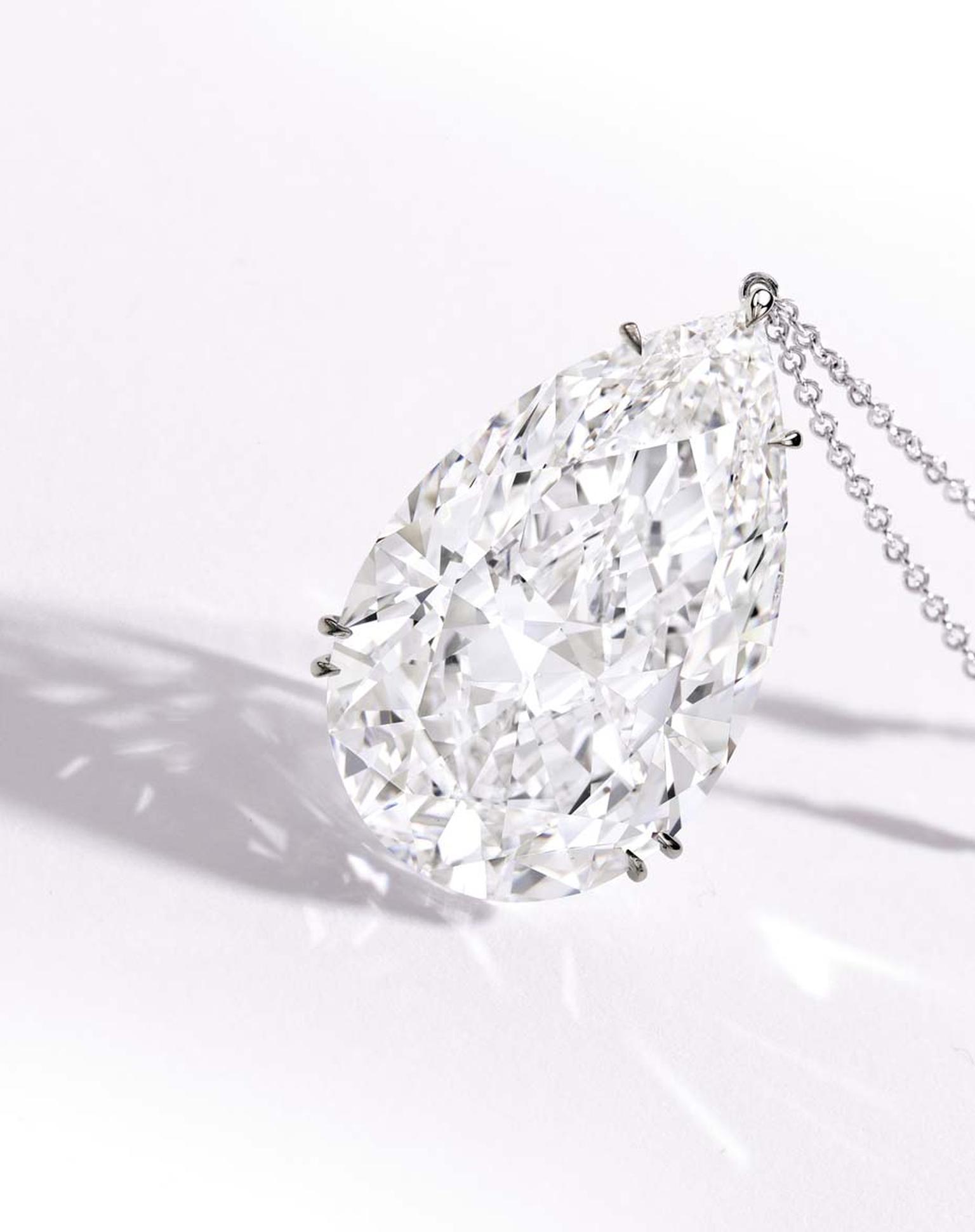 A highly important platinum and diamond high jewelry pendant necklace, from which is suspended a 52.26ct pear-shaped diamond with excellent polish and symmetry, has an estimate of $3.8-4.2 million.