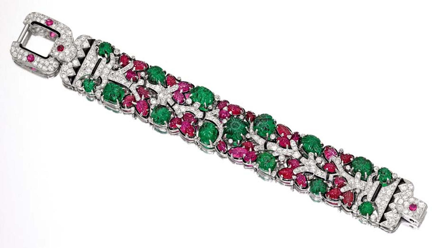 Iconic platinum, emerald, ruby, diamond and enamel Tutti Frutti bracelet by Cartier, circa 1928 (estimate: $1.3-1.8 million).