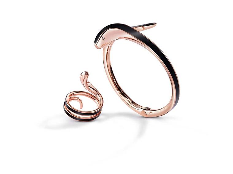 Damiani black ceramic and pink gold snake ring and bracelet, from the Eden collection.