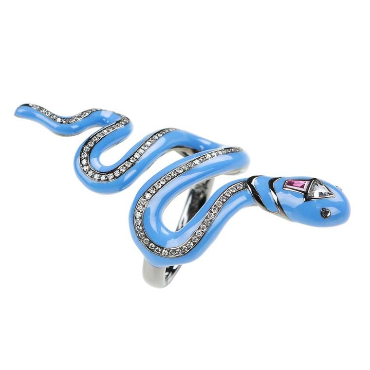 Nikos Koulis presented the new Medusa collection at Baselworld 2015, a collection of enamel snake rings in contemporary colours, including this blue version.