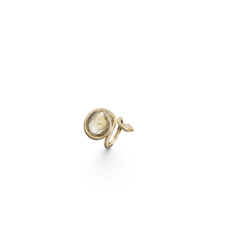 Ole Lynggaard 18ct yellow gold ring with rutiile quartz stone and 4 diamonds.
