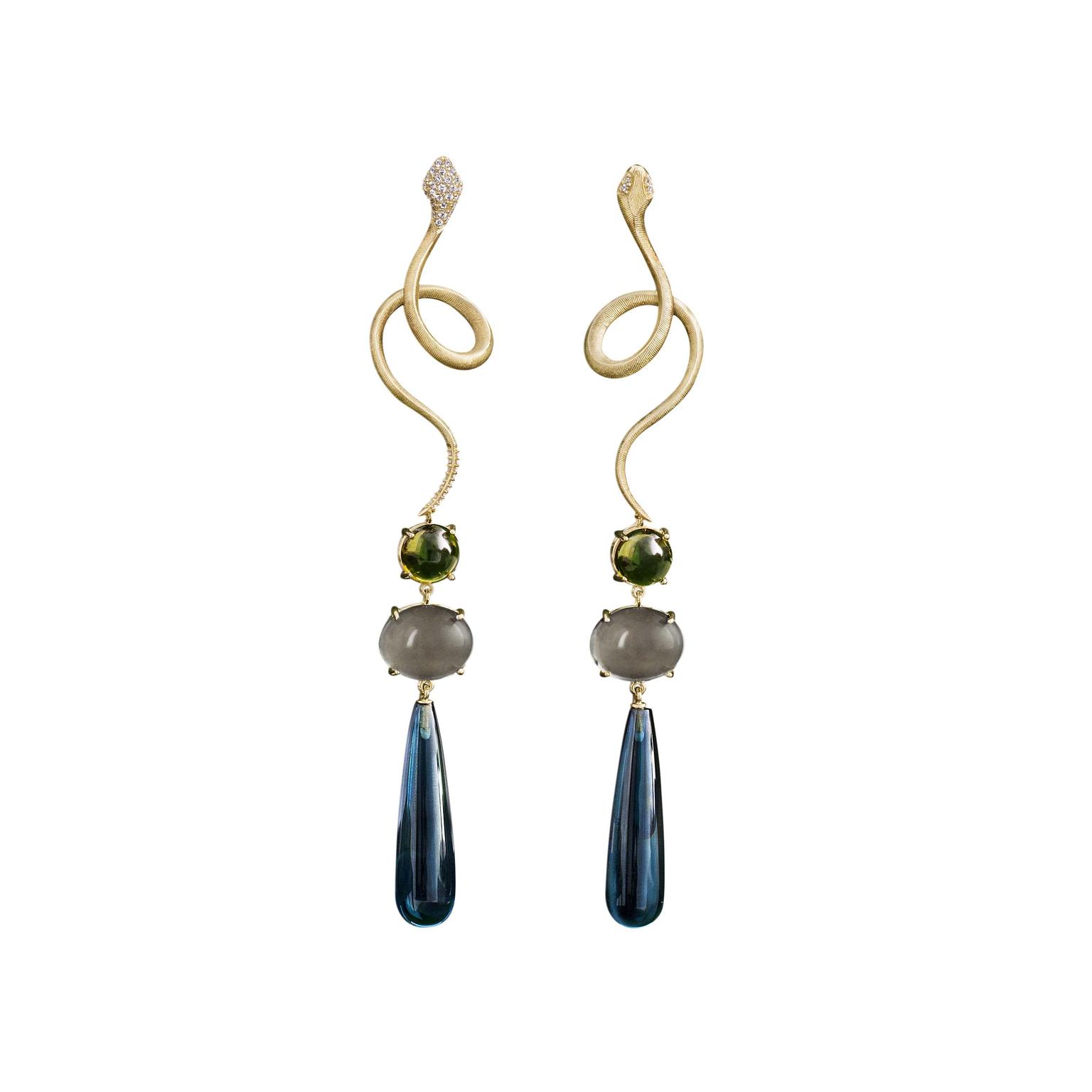 Ole Lynggaard snake earrings in brushed gold with diamonds and coloured gemstones.