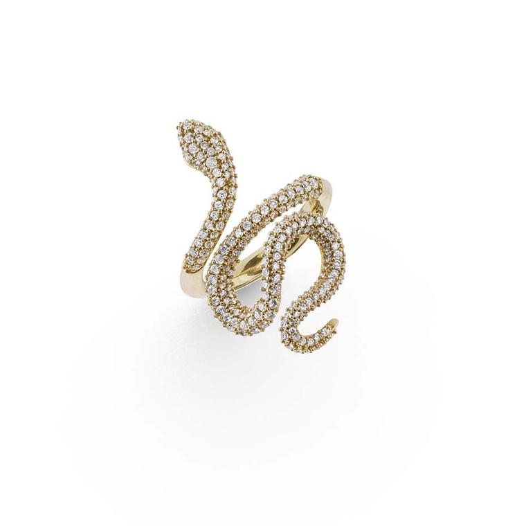 Ole Lynggaard high jewellery snake ring in 18ct yellow gold with pavé diamonds.