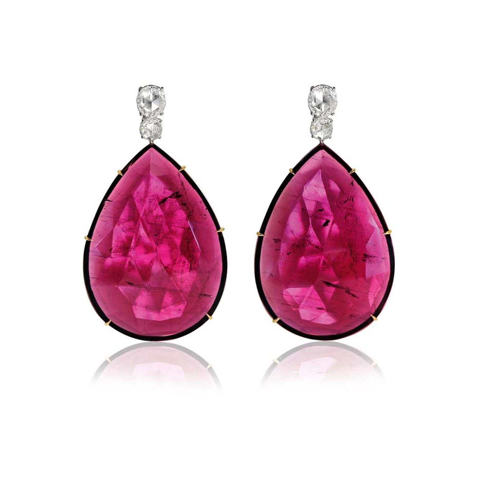 Rubellite high jewellery earrings in white and rose gold with diamonds by Brazilian jewellery designer Ara Vartanian.