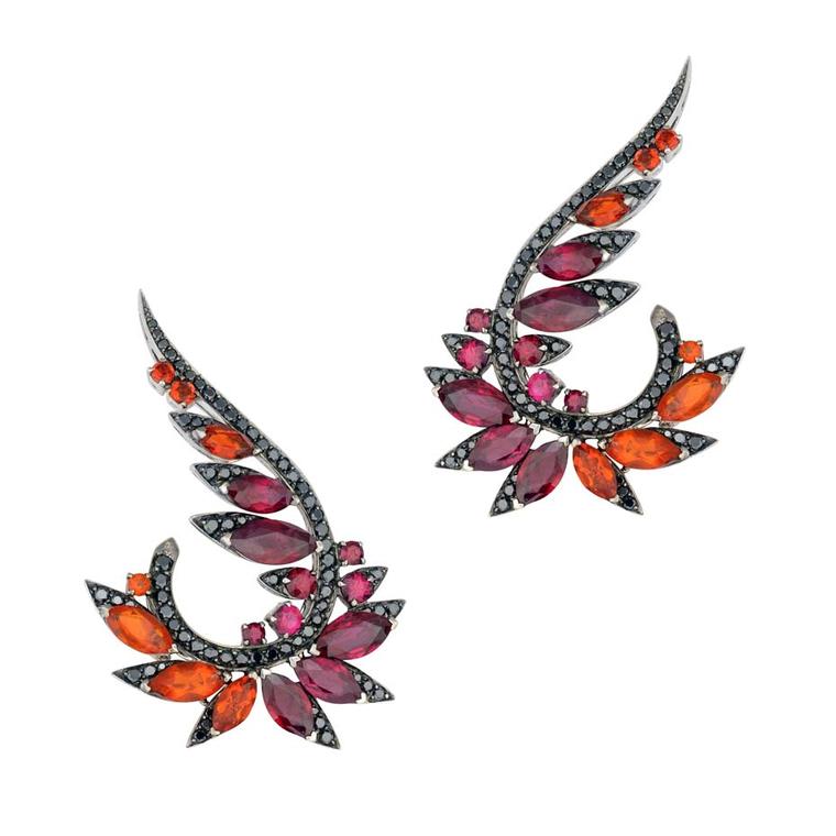 Stephen Webster's Magnipheasant plumage earrings in 18ct white gold, featuring marquise cut rubies, fire opals and black diamond pavé.