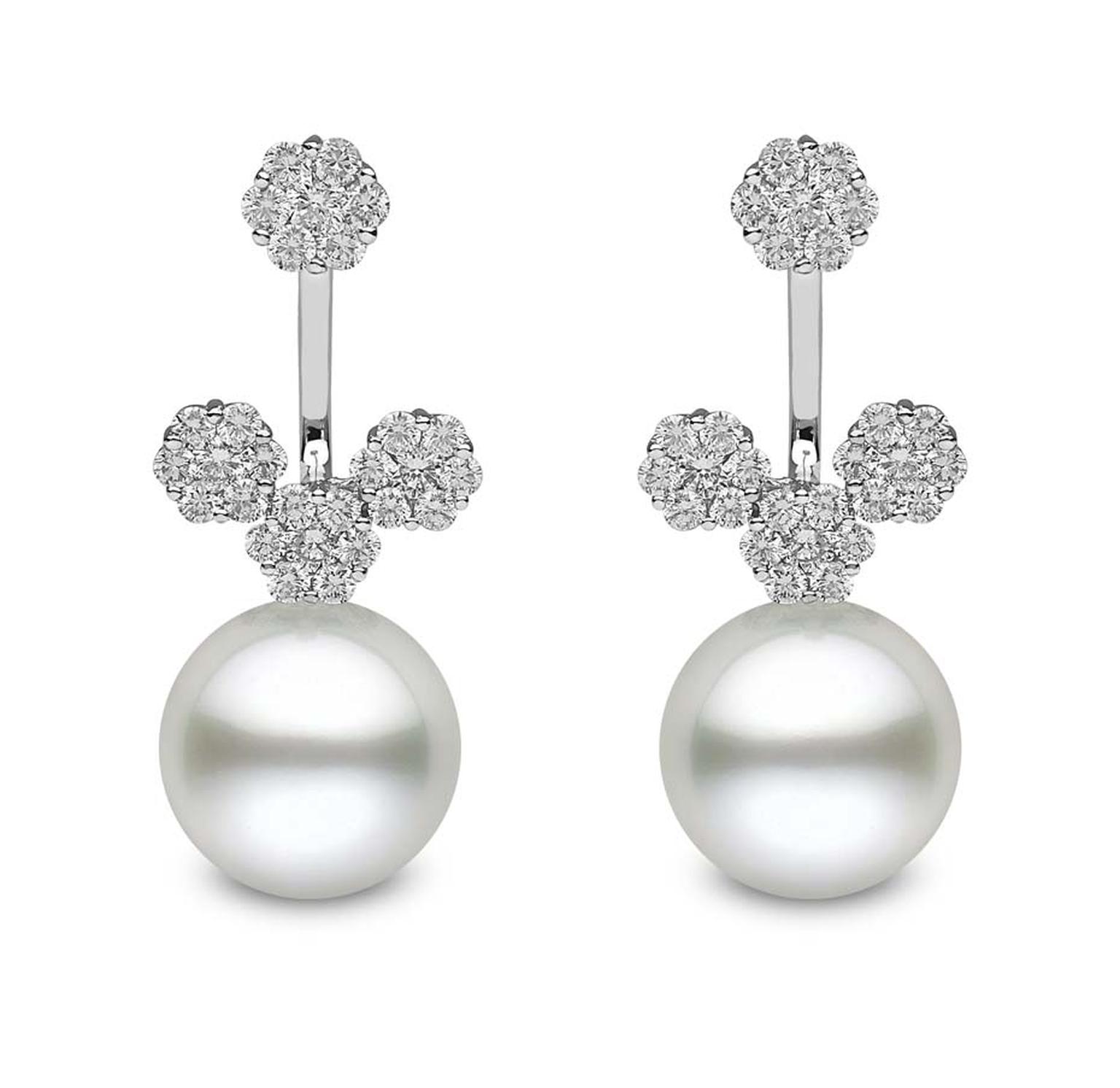 YOKO London front/back earrings with white South Sea pearls and diamonds.