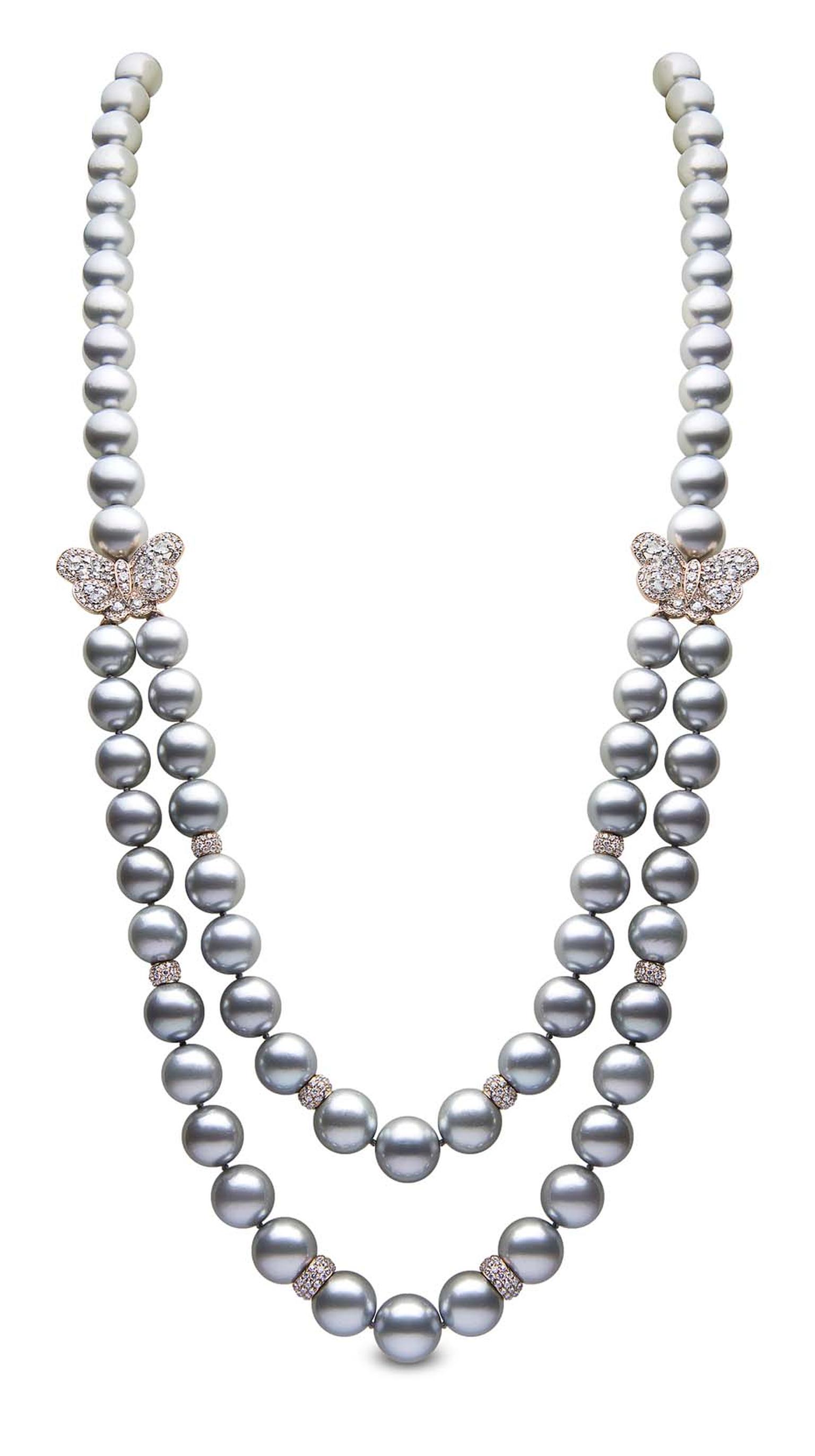 YOKO London double strand pearl necklace in rose gold, set with Tahitian pearls and diamond butterflies.
